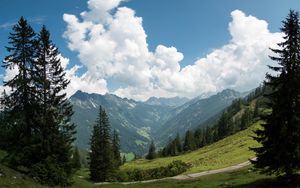 Preview wallpaper mountains, pines, trees, landscape, nature