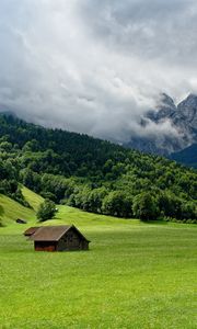 Preview wallpaper mountains, plain, lodges, clouds, smoke, sky