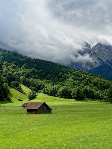 Preview wallpaper mountains, plain, lodges, clouds, smoke, sky