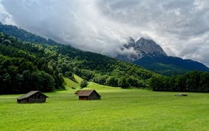 Preview wallpaper mountains, plain, lodges, clouds, smoke, sky