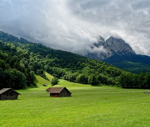 Preview wallpaper mountains, plain, lodges, clouds, smoke, sky