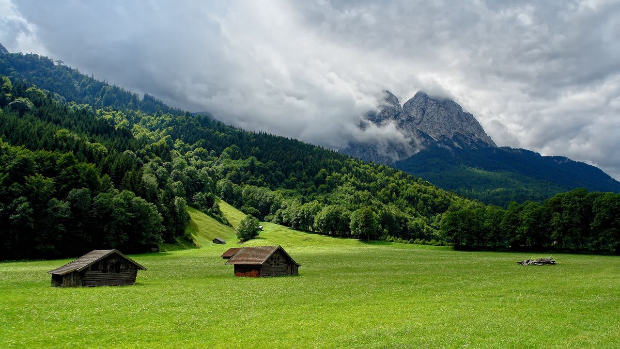 Wallpaper mountains, plain, lodges, clouds, smoke, sky hd, picture, image