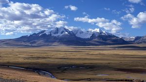 Preview wallpaper mountains, plain, sky, clouds, water