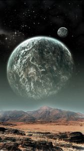 Preview wallpaper mountains, planets, stars, space, illusion