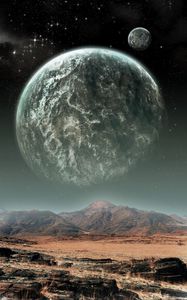 Preview wallpaper mountains, planets, stars, space, illusion