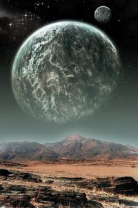 Preview wallpaper mountains, planets, stars, space, illusion