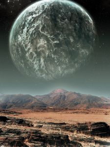 Preview wallpaper mountains, planets, stars, space, illusion