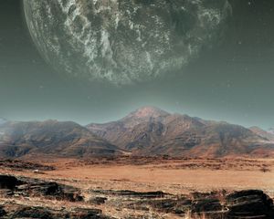 Preview wallpaper mountains, planets, stars, space, illusion