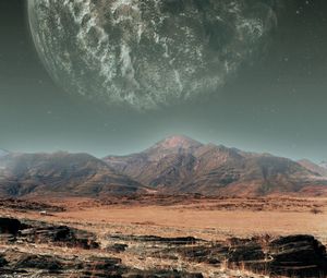 Preview wallpaper mountains, planets, stars, space, illusion