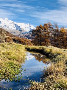 Preview wallpaper mountains, puddle, trees, grass, landscape, nature