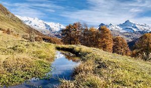 Preview wallpaper mountains, puddle, trees, grass, landscape, nature