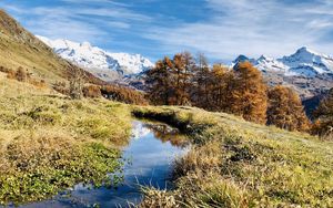 Preview wallpaper mountains, puddle, trees, grass, landscape, nature