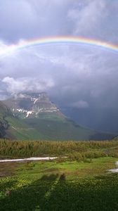 Preview wallpaper mountains, rainbow, snow, greens, clouds