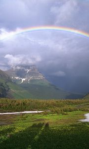 Preview wallpaper mountains, rainbow, snow, greens, clouds