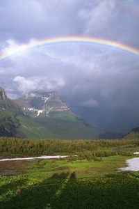 Preview wallpaper mountains, rainbow, snow, greens, clouds