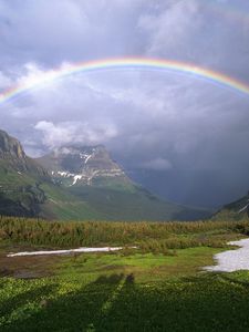 Preview wallpaper mountains, rainbow, snow, greens, clouds