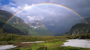 Preview wallpaper mountains, rainbow, snow, greens, clouds