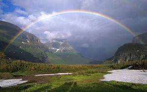 Preview wallpaper mountains, rainbow, snow, greens, clouds