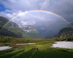 Preview wallpaper mountains, rainbow, snow, greens, clouds