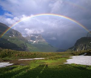 Preview wallpaper mountains, rainbow, snow, greens, clouds