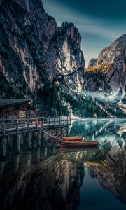 Preview wallpaper mountains, reflection, kayak, fog, dolomite mountains, italy