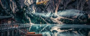 Preview wallpaper mountains, reflection, kayak, fog, dolomite mountains, italy