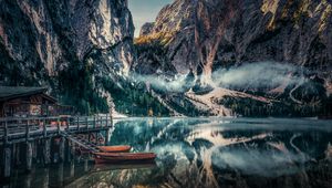 Preview wallpaper mountains, reflection, kayak, fog, dolomite mountains, italy