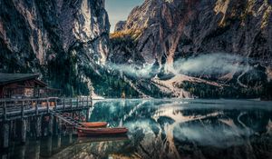 Preview wallpaper mountains, reflection, kayak, fog, dolomite mountains, italy