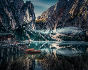 Preview wallpaper mountains, reflection, kayak, fog, dolomite mountains, italy