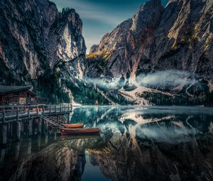 Preview wallpaper mountains, reflection, kayak, fog, dolomite mountains, italy