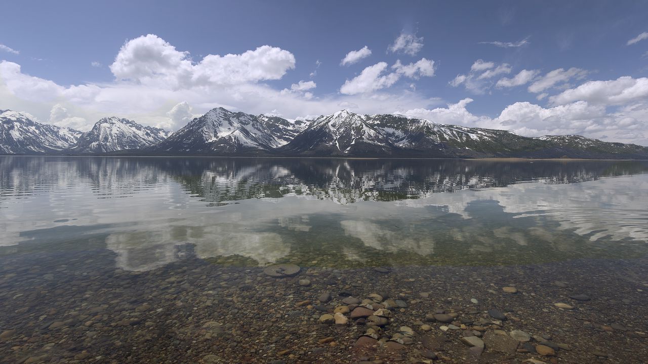 Wallpaper mountains, reflection, lake, bottom, stones, sky, clouds