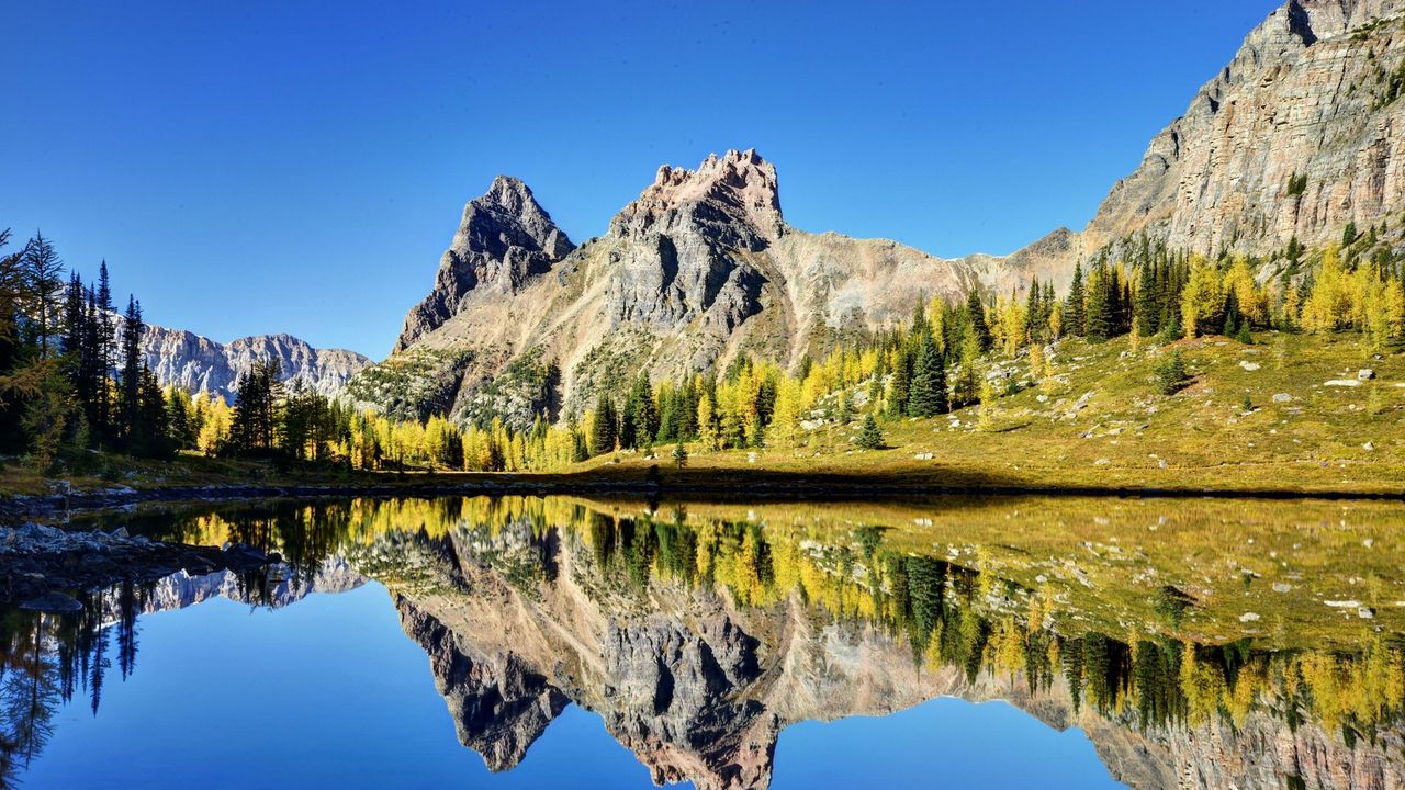 Wallpaper mountains, reflection, sky, grass, lake
