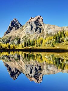 Preview wallpaper mountains, reflection, sky, grass, lake