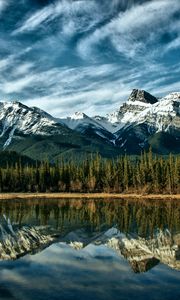 Preview wallpaper mountains, reflection, wood, canada, colors