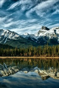 Preview wallpaper mountains, reflection, wood, canada, colors