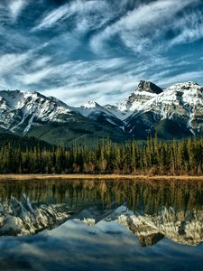 Preview wallpaper mountains, reflection, wood, canada, colors