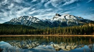 Preview wallpaper mountains, reflection, wood, canada, colors