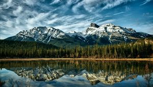 Preview wallpaper mountains, reflection, wood, canada, colors