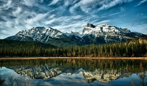 Preview wallpaper mountains, reflection, wood, canada, colors