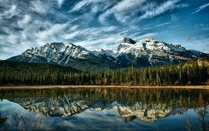 Preview wallpaper mountains, reflection, wood, canada, colors