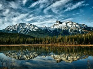 Preview wallpaper mountains, reflection, wood, canada, colors