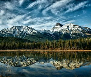 Preview wallpaper mountains, reflection, wood, canada, colors