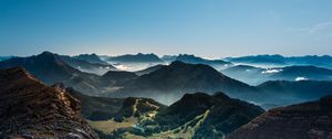 Preview wallpaper mountains, relief, fog, rocks, trees