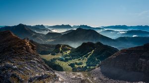 Preview wallpaper mountains, relief, fog, rocks, trees