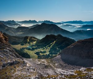 Preview wallpaper mountains, relief, fog, rocks, trees