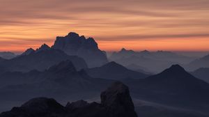 Preview wallpaper mountains, relief, fog, sunset, nature