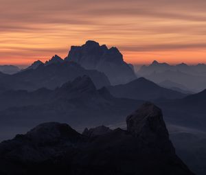 Preview wallpaper mountains, relief, fog, sunset, nature