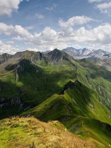 Preview wallpaper mountains, relief, shadows, sharp, clouds, sky, height, landscape, movement