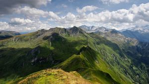 Preview wallpaper mountains, relief, shadows, sharp, clouds, sky, height, landscape, movement