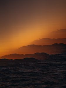 Preview wallpaper mountains, relief, silhouettes, bridge, sunset, dark, illusion